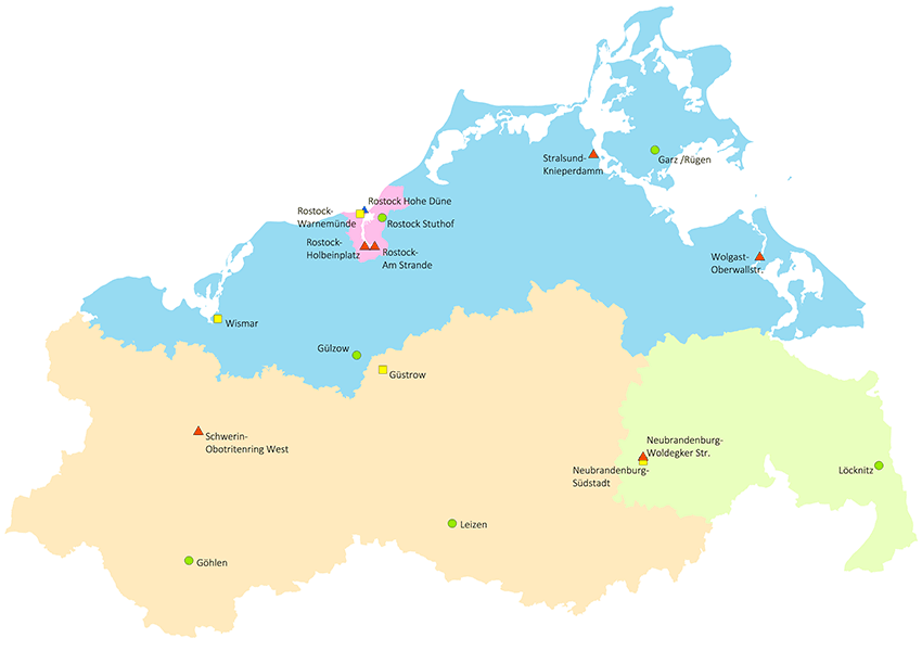 Karte von Mecklenburg-Vorpommern mit Standorten der Teststationen