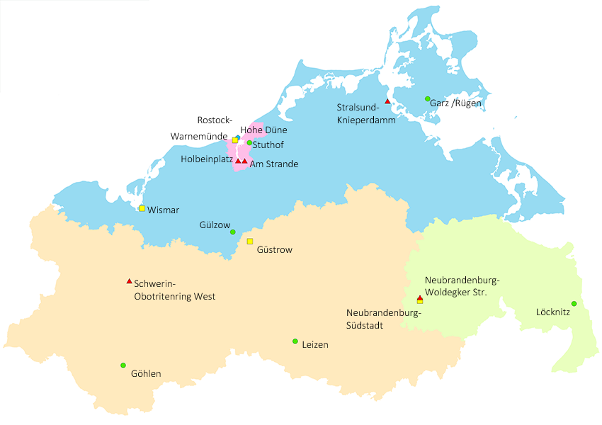 Karte von Mecklenburg-Vorpommern mit Standorten der Teststationen